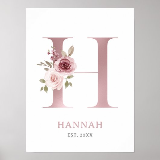 Poster Lettre H Monogramme Aquarelle Rose Florals Nursery (Devant)