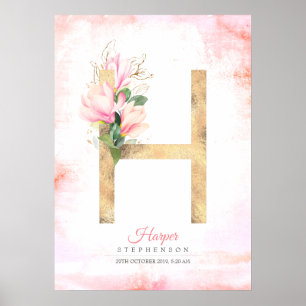 Poster Lettre H Monogramme Feuille d'or rose Magnolia Flo