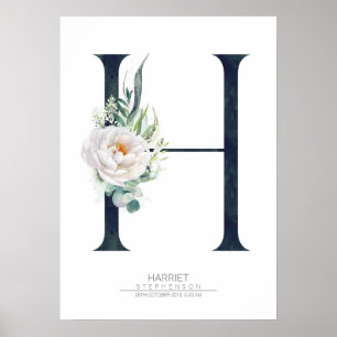 Poster Lettre H Monogramme Fleurs blanches et verdure