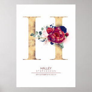 Poster Lettre H Monogramme Floral Marine Bleu et Bourgogn