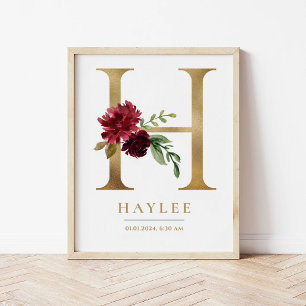Poster Lettre H Monogramme Nom Marsala Floral Nursery