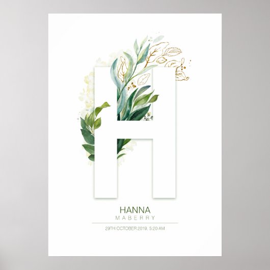 Poster Lettre H Monogramme Or Vert Feuillage Chic (Devant)