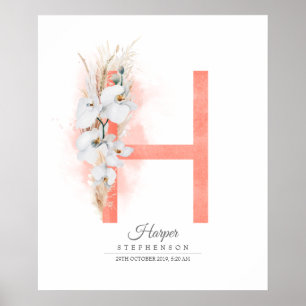 Poster Lettre H Monogramme Orchidées blanches et graminée