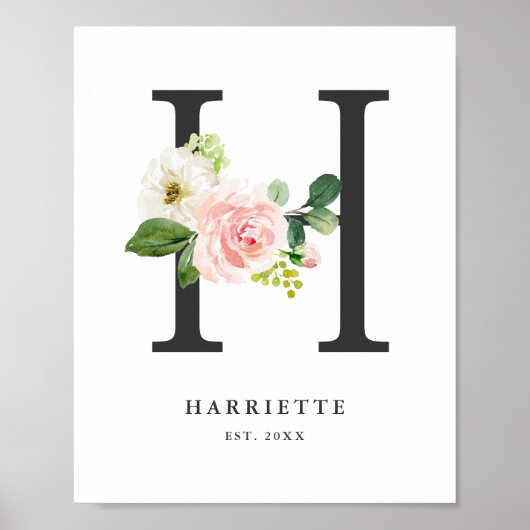 Poster Lettre H Monogramme Peach Florals Nursery (Devant)