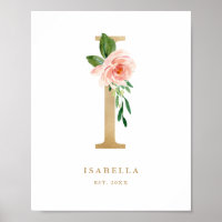 Lettre I Blush Floral Monogram Gold Foil Nursery
