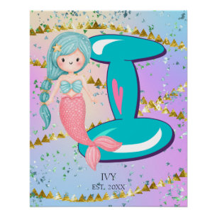 Poster Lettre I Monogramme Aquarelle mignonne Sirène