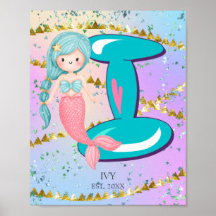 Poster Lettre I Monogramme Aquarelle mignonne Sirène