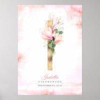 Lettre I Monogramme Feuilles or rose Magnolia Flor