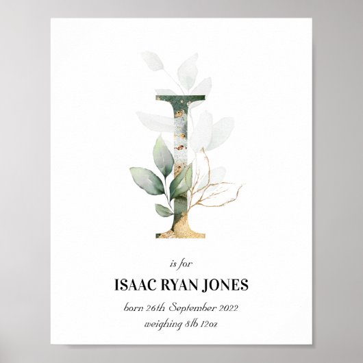 Poster Lettre I Nouveau bébé Monogramme Naissance Imprime (Devant)