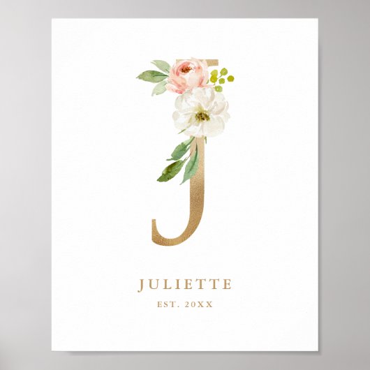 Poster Lettre J Blush Floral Monogram Gold Foil Nursery (Devant)
