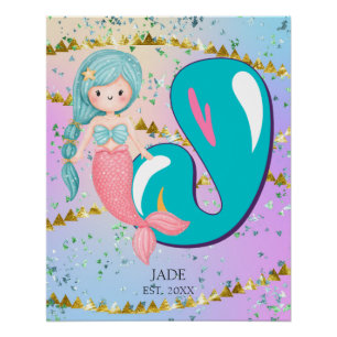 Poster Lettre J Monogram Aquarelle mignonne Sirène