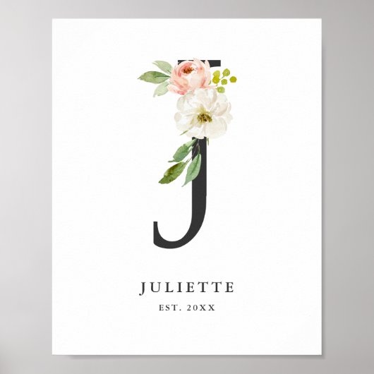 Poster Lettre J Monogram Peach Florals Nursery (Devant)