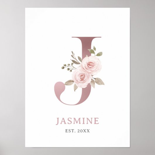 Poster Lettre J Monogram Rose d'aquarelle Florals Nursery (Devant)