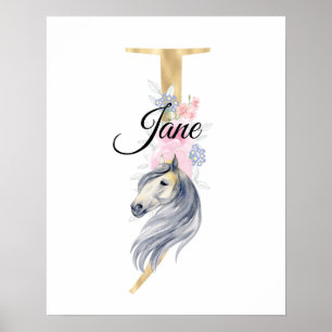 Poster Lettre J monogramme de nom personnalisé avec cheva