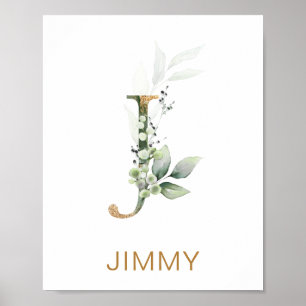 Poster Lettre J Monogramme Feuillage vert et or Pépinière