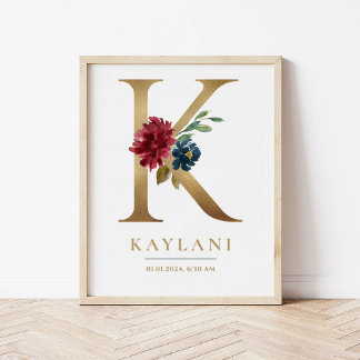 Poster Lettre K Monogramme Nom Marsala Floral Nursery