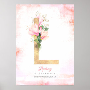 Poster LETTRE L Feuilles d'or Monogramme rose Magnolia Fl