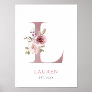 Poster Lettre L Monogram Aquarelle Rose Florals Nursery