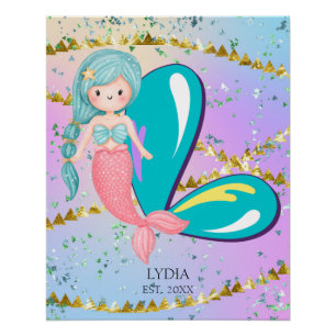 Poster Lettre L Monogramme Aquarelle mignonne Sirène