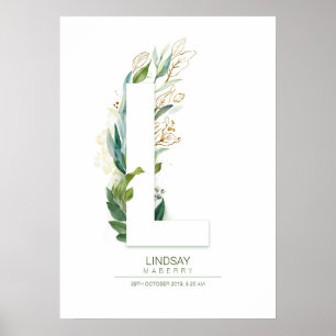 Poster Lettre L Monogramme Or Vert Feuillage Chic