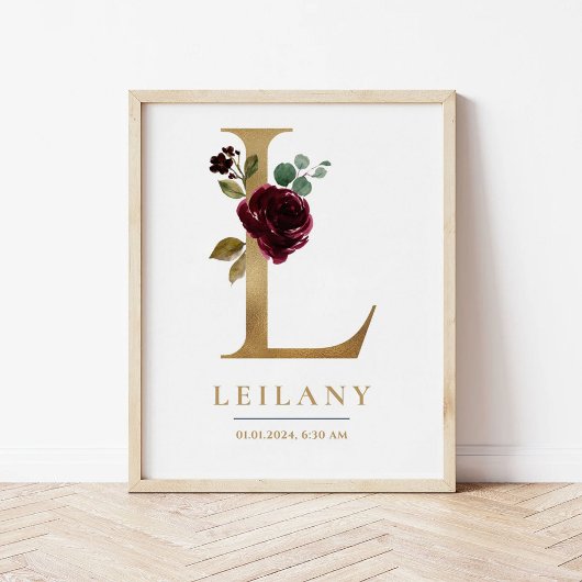 Poster Lettre L Nom du monogramme Marsala Floral Nursery