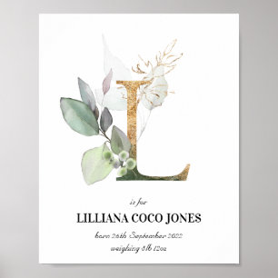 Poster Lettre L Nouveau bébé Monogramme Naissance Imprime