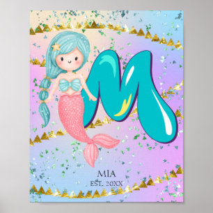 Poster Lettre M Monogramme Aquarelle mignonne Sirène
