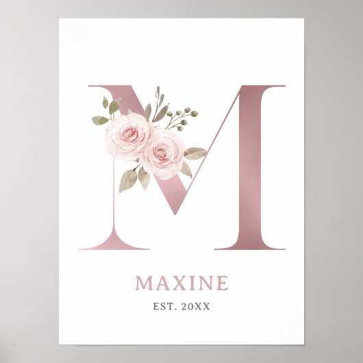 Poster Lettre M Monogramme Aquarelle Rose Florals Nursery (Devant)