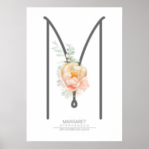 Poster Lettre M Monogramme Brosse Pêche Florale Décor