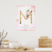 Poster Lettre M Monogramme Feuille d'or rose Magnolia Flo (Cuisine)