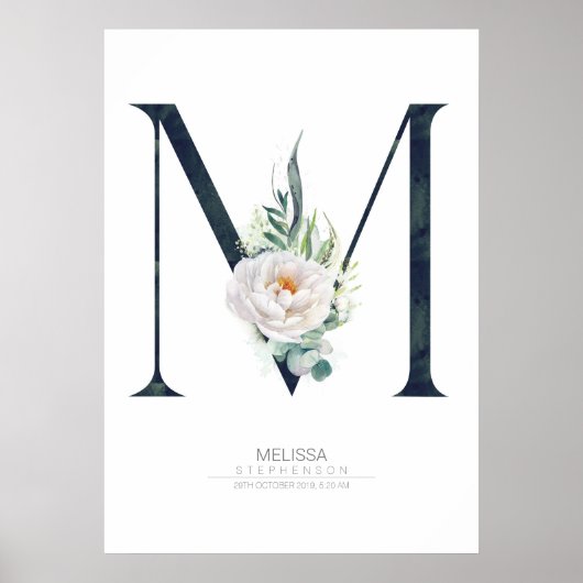 Poster Lettre M Monogramme Fleurs Blanches et Feuillage (Devant)