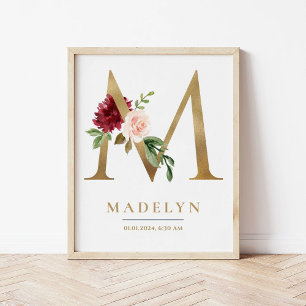Poster Lettre M Monogramme Nom Marsala Floral Nursery