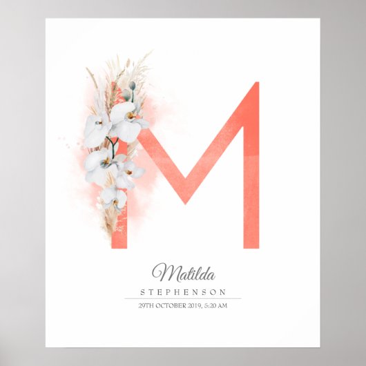 Poster Lettre M Monogramme Orchidées blanches et graminée (Devant)