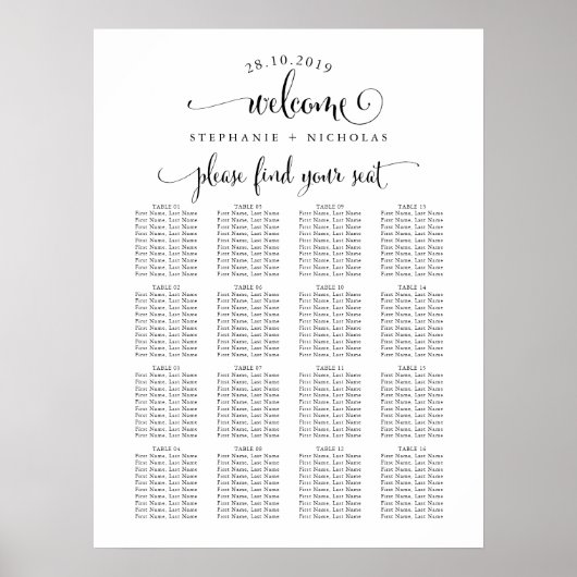 Poster Lettre main Welcome Chic Mariage Sein Chart (Devant)