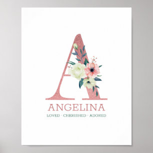 Poster Lettre Monogramme A Rose Fleurs Aquarelle Nursery