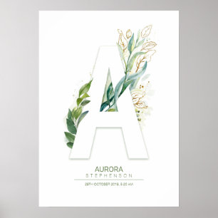 Poster Lettre Monogramme Doré Feuillage Chic