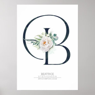 Poster Lettre Monogramme Fleurs Blanches et Feuillage