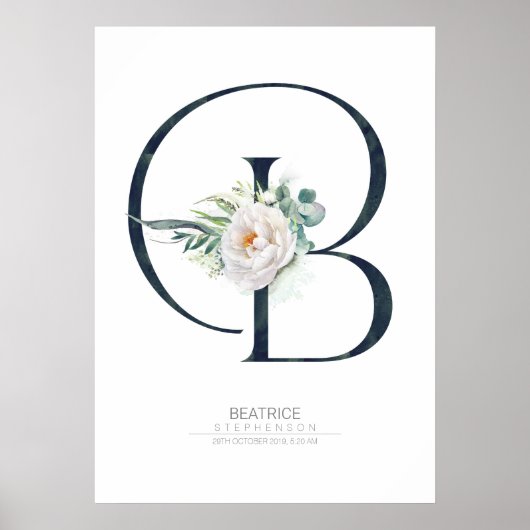 Poster Lettre Monogramme Fleurs Blanches et Feuillage (Devant)