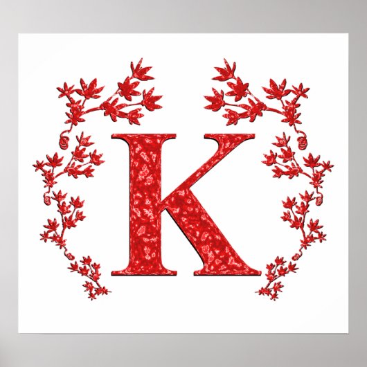 Poster Lettre monogramme K Feuilles rouges (Devant)