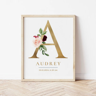 Poster Lettre Monogramme Nom Marsala Floral Nursery