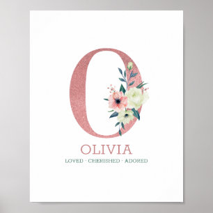 Poster Lettre Monogramme O Rose Fleurs Aquarelle Nursery