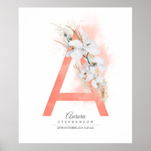 Poster Lettre Monogramme Orchidées blanches et laiton de 