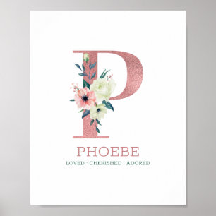 Poster Lettre monogramme P Aquarelle rose Floral Nursery