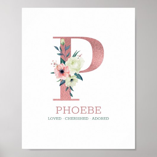 Poster Lettre monogramme P Aquarelle rose Floral Nursery (Devant)