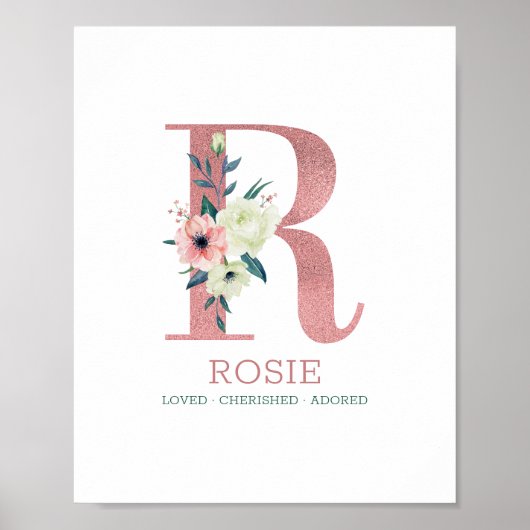 Poster Lettre monogramme R Aquarelle rose Floral Nursery (Devant)
