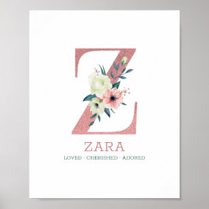Poster Lettre monogramme Z Aquarelle rose Floral Nursery