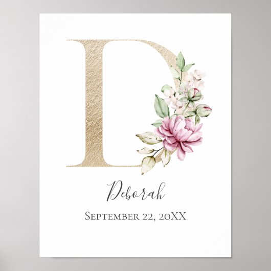 Poster LETTRE MONOGRAPHIQUE D Pink Blanc Floral OR PUR (Devant)