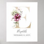 Poster LETTRE MONOGRAPHIQUE E Pink Blanc Floral OR PUR (Devant)