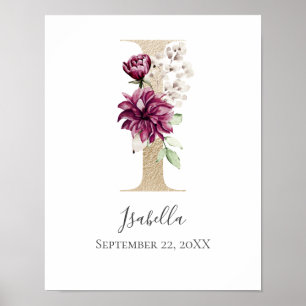 Poster LETTRE MONOGRAPHIQUE I Pink Blanc Floral OR PUR