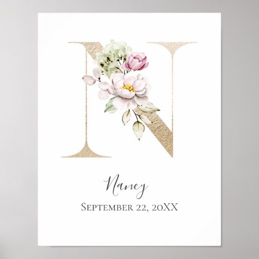 Poster LETTRE MONOGRAPHIQUE N Pink Blanc Floral Or Lettre (Devant)